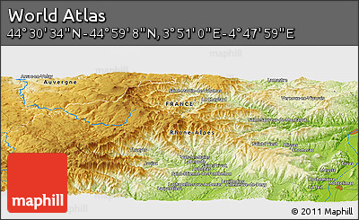Physical Panoramic Map of the Area around 44° 44' 51" N, 4° 19' 30" E