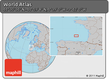 Gray Location Map of the Area around 44° 44' 51" N, 4° 10' 30" W