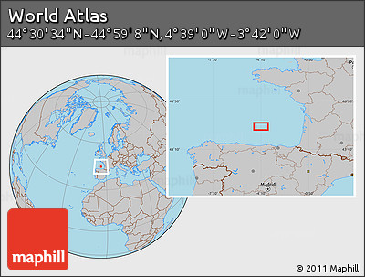 Gray Location Map of the Area around 44° 44' 51" N, 4° 10' 30" W