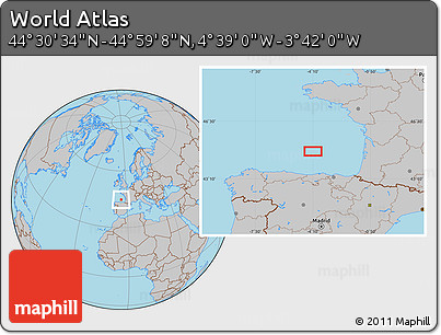 Gray Location Map of the Area around 44° 44' 51" N, 4° 10' 30" W