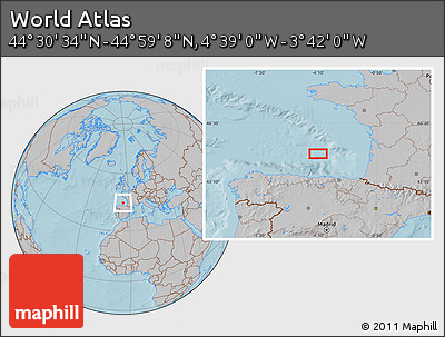 Gray Location Map of the Area around 44° 44' 51" N, 4° 10' 30" W, hill shading