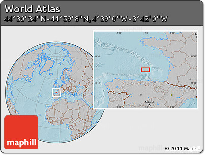 Gray Location Map of the Area around 44° 44' 51" N, 4° 10' 30" W, hill shading