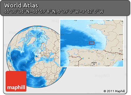 Shaded Relief Location Map of the Area around 44° 44' 51" N, 4° 10' 30" W