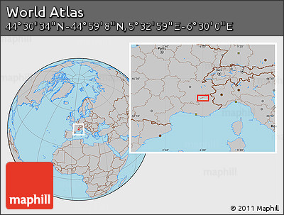 Gray Location Map of the Area around 44° 44' 51" N, 6° 1' 30" E