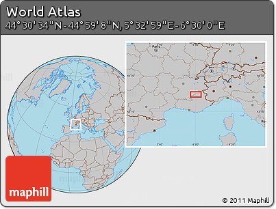 Gray Location Map of the Area around 44° 44' 51" N, 6° 1' 30" E