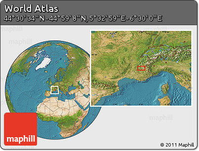 Satellite Location Map of the Area around 44° 44' 51" N, 6° 1' 30" E