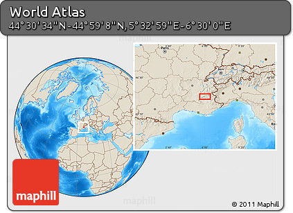 Shaded Relief Location Map of the Area around 44° 44' 51" N, 6° 1' 30" E