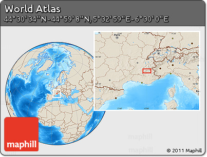 Shaded Relief Location Map of the Area around 44° 44' 51" N, 6° 1' 30" E