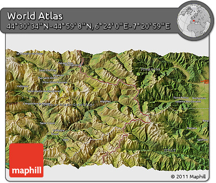 Satellite 3D Map of the Area around 44° 44' 51" N, 6° 52' 30" E