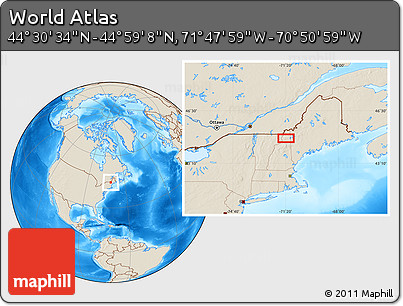 Shaded Relief Location Map of the Area around 44° 44' 51" N, 71° 19' 29" W