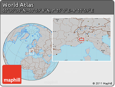 Gray Location Map of the Area around 44° 44' 51" N, 7° 43' 29" E