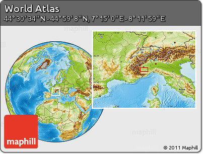 Physical Location Map of the Area around 44° 44' 51" N, 7° 43' 29" E