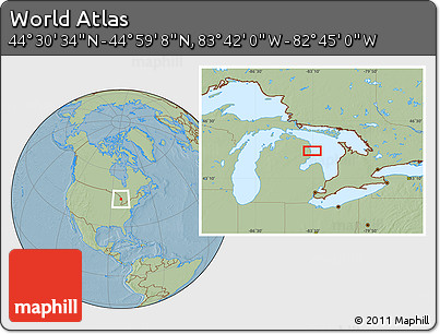 Savanna Style Location Map of the Area around 44° 44' 51" N, 83° 13' 29" W, hill shading