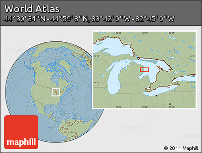 Savanna Style Location Map of the Area around 44° 44' 51" N, 83° 13' 29" W, hill shading
