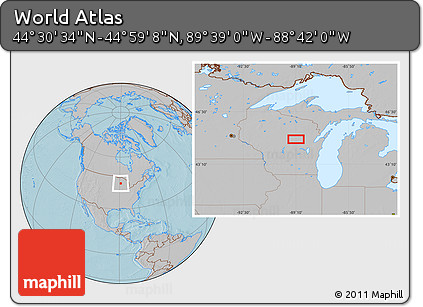 Gray Location Map of the Area around 44° 44' 51" N, 89° 10' 30" W, hill shading