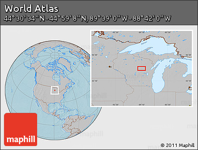 Gray Location Map of the Area around 44° 44' 51" N, 89° 10' 30" W, hill shading