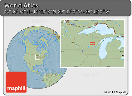 Savanna Style Location Map of the Area around 44° 44' 51" N, 89° 10' 30" W, hill shading