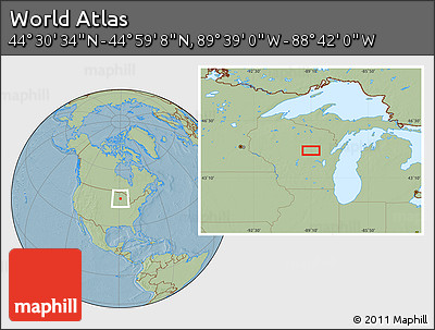 Savanna Style Location Map of the Area around 44° 44' 51" N, 89° 10' 30" W, hill shading