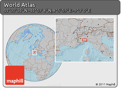 Gray Location Map of the Area around 44° 44' 51" N, 8° 34' 29" E, hill shading
