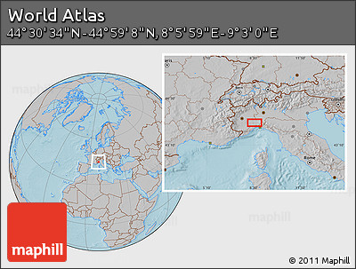 Gray Location Map of the Area around 44° 44' 51" N, 8° 34' 29" E, hill shading