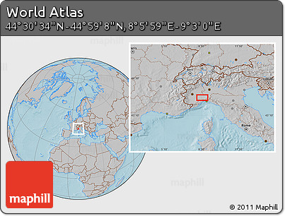 Gray Location Map of the Area around 44° 44' 51" N, 8° 34' 29" E, hill shading