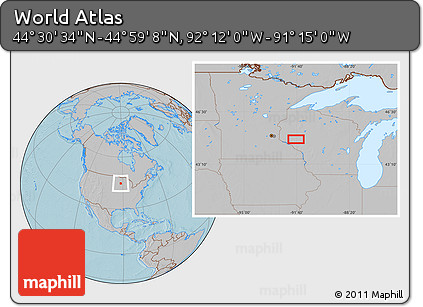 Gray Location Map of the Area around 44° 44' 51" N, 91° 43' 29" W, hill shading