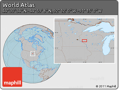 Gray Location Map of the Area around 44° 44' 51" N, 91° 43' 29" W, hill shading
