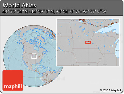 Gray Location Map of the Area around 44° 44' 51" N, 93° 25' 30" W, hill shading