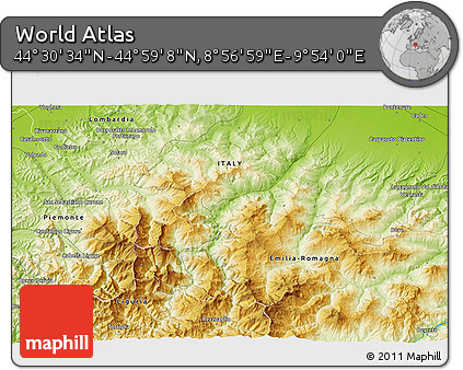Physical 3D Map of the Area around 44° 44' 51" N, 9° 25' 30" E