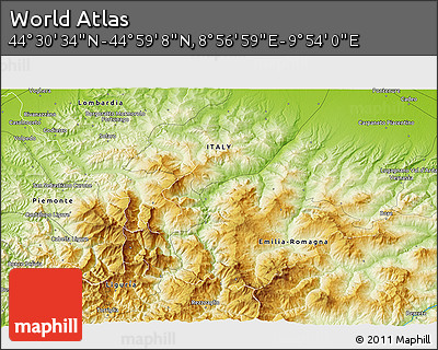 Physical 3D Map of the Area around 44° 44' 51" N, 9° 25' 30" E