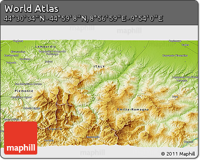 Physical 3D Map of the Area around 44° 44' 51" N, 9° 25' 30" E