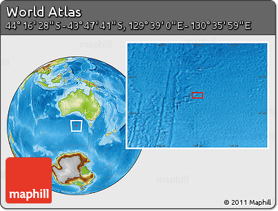Physical Location Map of the Area around 44° 2' 4" S, 130° 7' 30" E
