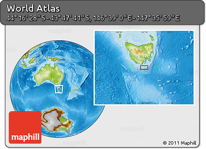 Physical Location Map of the Area around 44° 2' 4" S, 147° 7' 30" E
