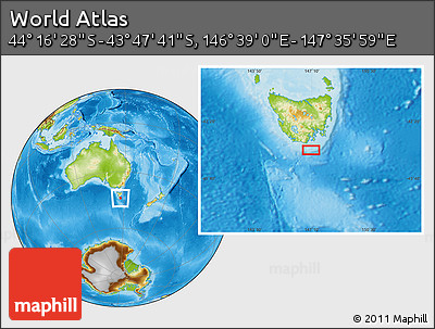 Physical Location Map of the Area around 44° 2' 4" S, 147° 7' 30" E
