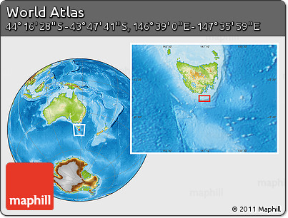 Physical Location Map of the Area around 44° 2' 4" S, 147° 7' 30" E