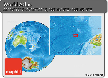 Physical Location Map of the Area around 44° 2' 4" S, 163° 16' 30" E