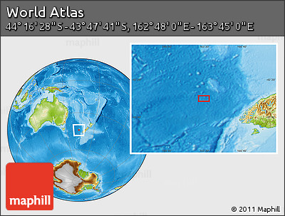 Physical Location Map of the Area around 44° 2' 4" S, 163° 16' 30" E