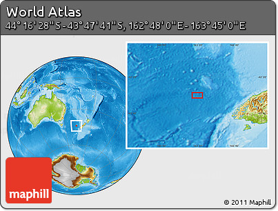 Physical Location Map of the Area around 44° 2' 4" S, 163° 16' 30" E