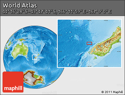 Physical Location Map of the Area around 44° 2' 4" S, 166° 40' 30" E