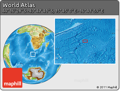 Physical Location Map of the Area around 44° 2' 4" S, 16° 13' 30" E