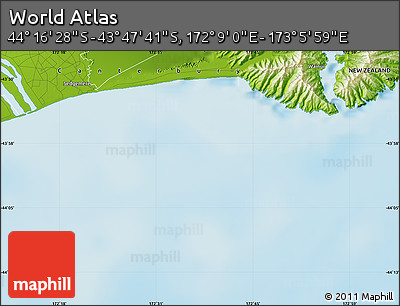 Physical Map of the Area around 44° 2' 4" S, 172° 37' 30" E