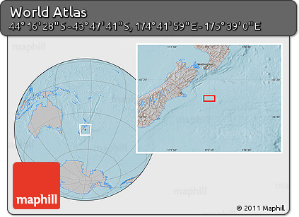 Gray Location Map of the Area around 44° 2' 4" S, 175° 10' 30" E, hill shading