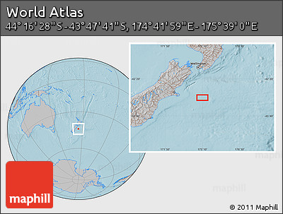 Gray Location Map of the Area around 44° 2' 4" S, 175° 10' 30" E, hill shading
