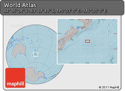 Gray Location Map of the Area around 44° 2' 4" S, 176° 1' 30" E, hill shading