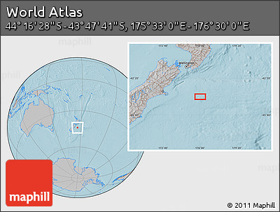 Gray Location Map of the Area around 44° 2' 4" S, 176° 1' 30" E, hill shading