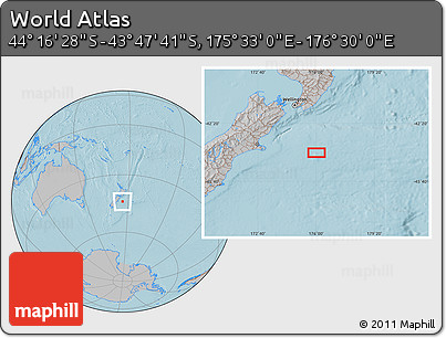 Gray Location Map of the Area around 44° 2' 4" S, 176° 1' 30" E, hill shading