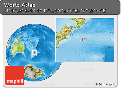 Physical Location Map of the Area around 44° 2' 4" S, 176° 52' 30" E