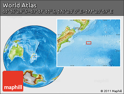 Physical Location Map of the Area around 44° 2' 4" S, 176° 52' 30" E