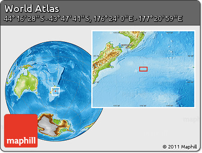 Physical Location Map of the Area around 44° 2' 4" S, 176° 52' 30" E