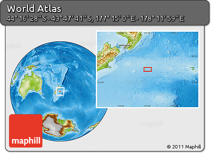 Physical Location Map of the Area around 44° 2' 4" S, 177° 43' 29" E